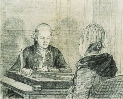 座ったカップル、後ろから見た女性、キャンドルライトでバックギャモンをプレイ 作： Charles Nicolas II Cochin