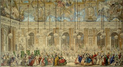 1745年2月にヴェルサイユ宮殿のガラスの回廊で行われたフランスのルイ王太子（1729-1765）とスペインのマリー・テレーズ（マリー・テレーズ）の結婚式で、イフのボール・マスクまたはボールが贈られた シャルル・ニコラ・コーチン・ル・ジューン（1715-1790）によるペンとインクのドローイング 作： Charles Nicolas II Cochin