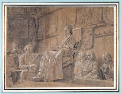 肘掛け椅子に座るモデルを描いたワークショップでの様々なアーティストの表情の首取り競争。Ch.ニコラ・コシャン（1715-1790）によるデッサン 1763年 パリカルナバレ美術館 作： Charles Nicolas II Cochin