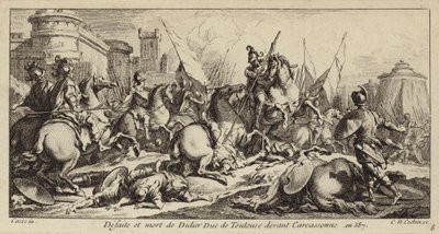 587年、カルカッソンヌ前のトゥールーズのディディエの敗北と死（エングレーヴィング） 作： Charles Nicolas II Cochin