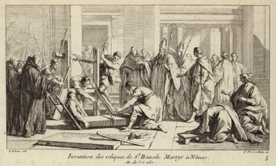 250年にニームで殉教した聖バウディルの聖遺物の発見（エングレービング 作： Charles Nicolas II Cochin