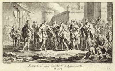 皇帝シャルル5世を迎えたフランス国王フランシス1世、エギュス・モルテスにて 作： Charles Nicolas II Cochin