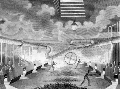 ガス作業の概観、レトルトが充電されていることを示す、1835 作： Charles Partington