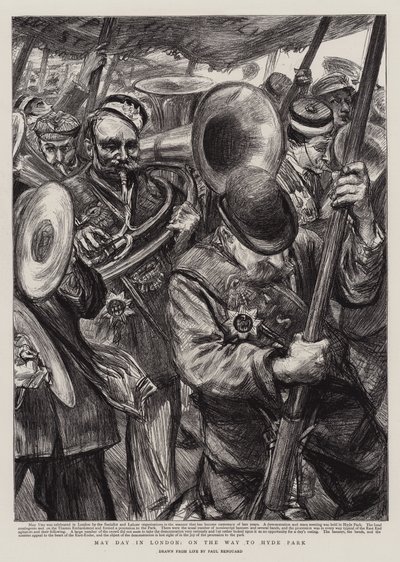 ハイドパークへ向かう途中のロンドンのメーデー 作： Charles Paul Renouard