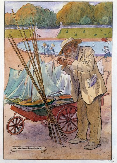 1909年のチュイルリー庭園の船商 シャルル・ペズー・ディット・カルロペスの素描（20世紀） 作： Charles Pezeu Carlopez