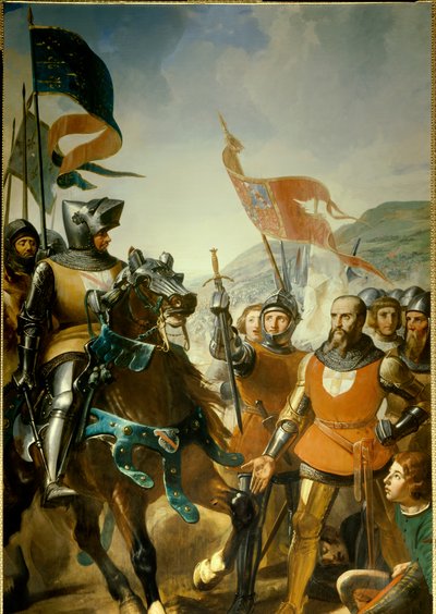 百年戦争（1337-1453）：「ベルナール・デュ・ゲスクラン（1320-1380）がナバラ王の軍隊に勝利したエヴルー近郊のコシェルの戦い（1364年5月16日）」の詳細 シャルル・フィリップ・ラリヴィエール（1798-1876）による1837年頃の絵画 日。4.2x2.6 m. 作： Charles Philippe Lariviere