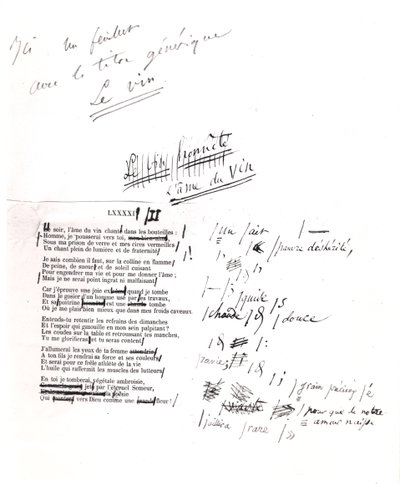 &39;L&39;Ame du vin&39;校正済み校正刷り（紙にペンとインク） 作： Charles Pierre Baudelaire