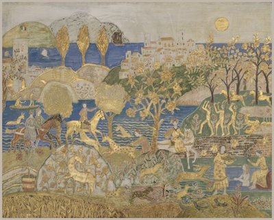 ヒル タウン、1928 年頃 (切り込みを入れたジェッソ仕上げのパネルにテンペラ、グラファイト、金箔) 作： Charles Prendergast