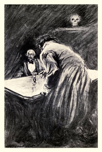 ロバート・ルイス・スティーブンソン（1850-1894）の「ジキル博士とハイド氏の奇妙な事件」から「このグラスを手に取ることを許してくれませんか」、チャールズ・レイモンド・マカオリ（1871-1934）が絵を描いています。 作： Charles Raymond Macauley