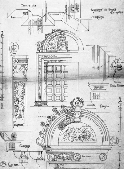 パヴィア修道院、小さな回廊の戸口、1891年（スケッチブックのページ、カートリッジ紙にインク） 作： Charles Rennie Mackintosh