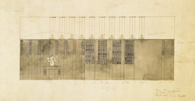 壁、テーブル、ドアのデザイン、1905年（紙にペンとインクでトイレ） 作： Charles Rennie Mackintosh