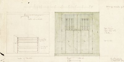 ワードローブのデザイン、正面と内部の立面図、c.1899-1900（鉛筆、水彩） 作： Charles Rennie Mackintosh