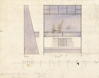 洗面台のデザイン、側面図と正面図、1904年 作： Charles Rennie Mackintosh