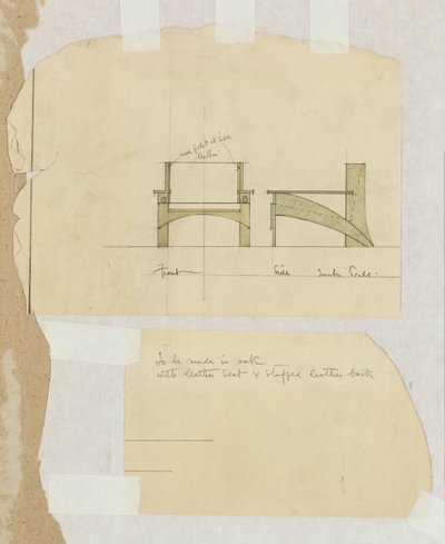 オーク材のアームチェアのデザイン、正面図と側面図、1905年 作： Charles Rennie Mackintosh