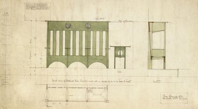 立面図と断面図に示されているベンチとテーブルの設計 作： Charles Rennie Mackintosh