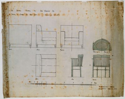 立面図と平面図に示されている布張りの椅子とスピンドル椅子の設計 作： Charles Rennie Mackintosh