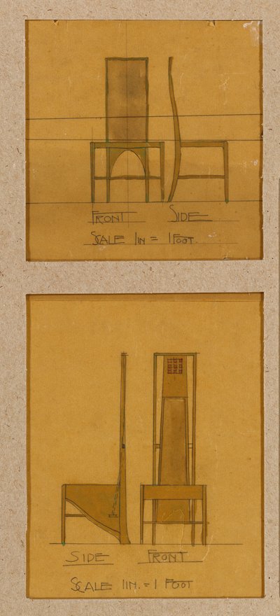Room de Luxe、Willow TeaRoomsの正面図と側面図に示されている椅子のデザイン 作： Charles Rennie Mackintosh