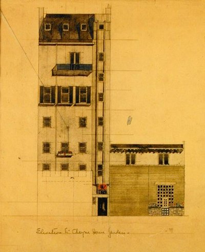 グリーブ・プレイスとアッパー・チェイン・ウォークに建設されるスタジオの立面図 作： Charles Rennie Mackintosh