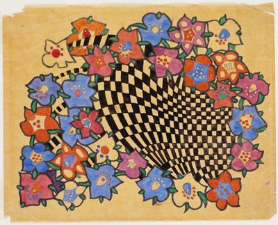 花と市松模様のファブリックデザイン、1916年頃 作： Charles Rennie Mackintosh
