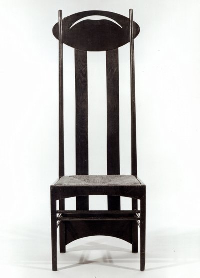 背もたれの高い椅子、c.1897（ラッシュシートとピアスの楕円形のバックレールを備えたダークステインオーク） 作： Charles Rennie Mackintosh