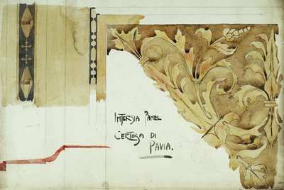 インターシアパネル、パヴィア修道院、1891年（紙に鉛筆と水彩） 作： Charles Rennie Mackintosh