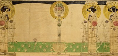ミスクランストンのブキャナンストリートティールームの1階の部屋の壁画装飾の予備設計、18967年（トレーシングペーパーに鉛筆とトイレ） 作： Charles Rennie Mackintosh