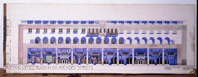 これまでに記録されていない、店舗とアーケード付き道路の建築図面（1915年頃 作： Charles Rennie Mackintosh
