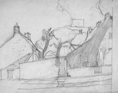 前景に茅葺き屋根のある英国の村のスケッチ、1920年頃 作： Charles Rennie Mackintosh