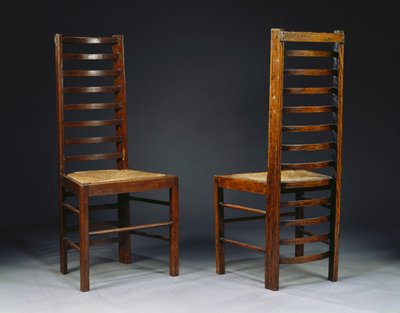 ミスクランストンのティールーム、グラスゴー、1903年頃の2つのはしご背もたれ椅子 作： Charles Rennie Mackintosh