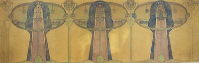 様式化された人物の装飾的なフリーズ、木と植物の形、c.1895（灰色のアートペーパーに鉛筆と水彩画） 作： Charles Rennie Mackintosh