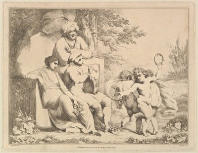 笛吹きに合わせて踊る 3 つのプッティ、1780 年 3 月 1 日。 作： Charles Reuben Ryley