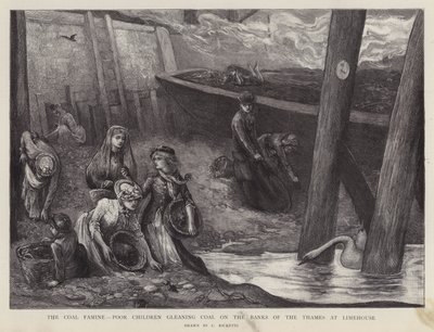 ロンドン、ライムハウスのテムズ河畔で石炭を拾う貧しい子供たち（リトグラフ版 作： Charles Ricketts