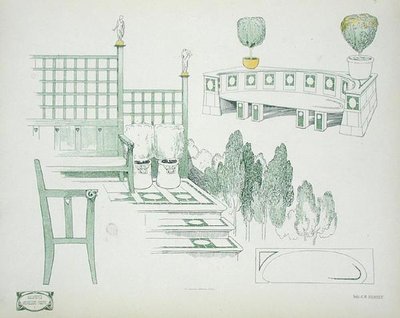 1900年代初頭の座席とテラスの詳細（「近代建築の資料」より）（カラーリトグラフ 作： Charles Robert Ashbee
