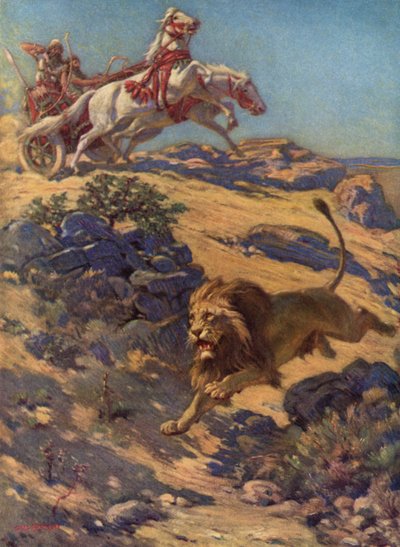 古アッシリアのライオン狩り（カラーリトグラフ） 作： Charles Robert Knight