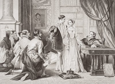 レディジェーングレイが1553年7月8日、シオンハウスの王冠を受け入れるのを嫌がる「英語とスコットランドの歴史の図解」第I巻 作： Charles Robert Leslie