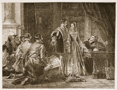レディジェーングレイが1553年7月8日、シオンハウスの王冠を受け入れるのを嫌がるイラスト。 1910年頃（セピア写真） 作： Charles Robert Leslie