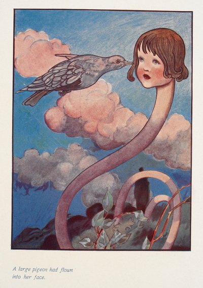 大きな鳩が彼女の顔に飛んできた。
首の長いアリス。 作： Charles Robinson
