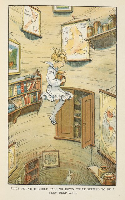 アリスは気がつくと、とても深い井戸のようなところに落ちていた。 作： Charles Robinson