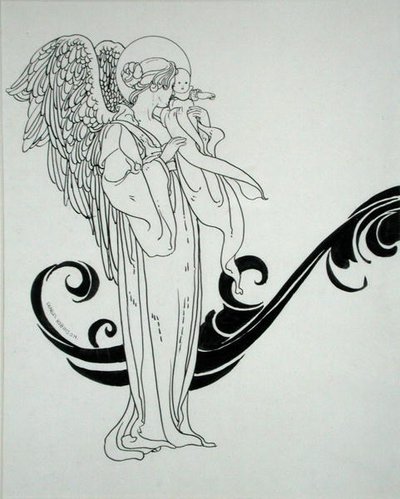 アンデルセン童話集」（1899年刊）の挿絵「天使と赤ん坊」（紙にペン・インク 作： Charles Robinson