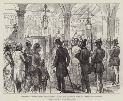 ベルリンの議会、ビーコンズフィールド卿がカイザーホフホテルを去って議会に出席 作： Sir John Charles Robinson