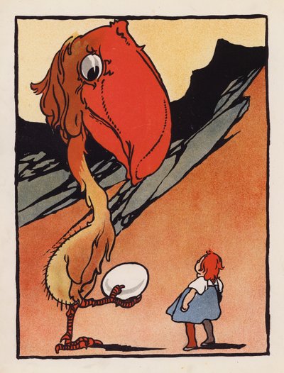 ナンセンス：卵を抱いた奇妙な鳥を持つ少年（カラーリトグラフ） 作： Charles Robinson