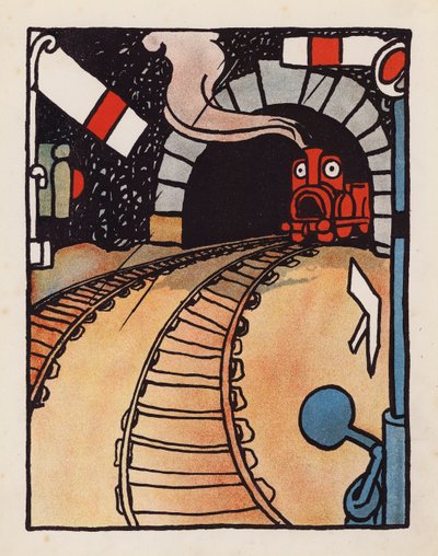 ナンセンス雨の中を恐る恐る出てくるエンジン（カラーリトグラフ） 作： Charles Robinson