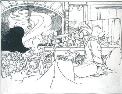 J.M.ギボン編『妖精の国の真の年代記-旧王の治世-』（1901年刊）の挿絵「猛烈なホスト」（紙にペン、インク、モノクロ水彩画 作： Charles Robinson
