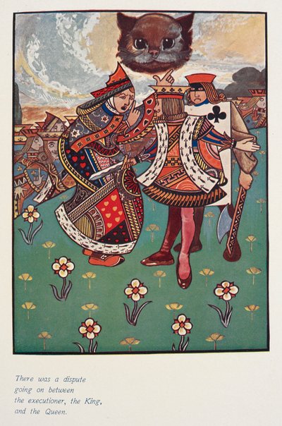 処刑人、王、王妃の間で争いが起きていた。
それを見守るチェシャ猫。 作： Charles Robinson