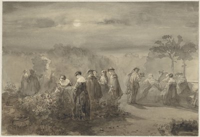 バラの茂みのある月明かりに照らされたコートでの紳士淑女の会社 作： Charles Rochussen