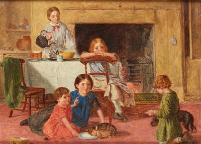 新しい子猫に餌をやる（パネルに油彩） 作： Charles Rossiter