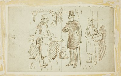 背の高い帽子をかぶった紳士がブッチャーに話しかける 作： Charles Samuel Keene