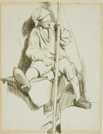 座っている男性、左手に杖を持っている 作： Charles Samuel Keene