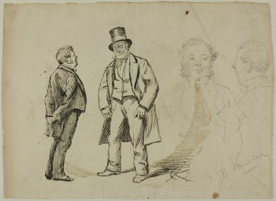 2 人の立っている男性と 2 つの肖像画のスケッチ 作： Charles Samuel Keene
