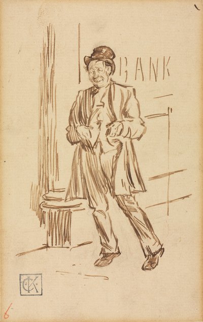 銀行を通過する酔っ払いの研究。 作： Charles Samuel Keene